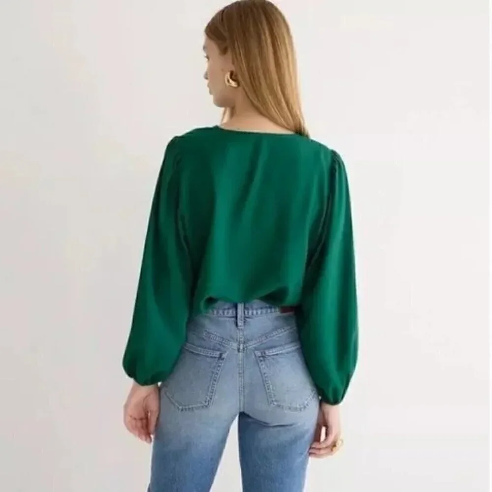 J.Crew Blouse Longsleeve Keyhole Front Puff Sleeve Crepe Green Large Tall NWT